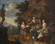 Circle of Pierre Gobert Verkauf von Gemuse und Blumen an einem italienischen Marktstand oil painting